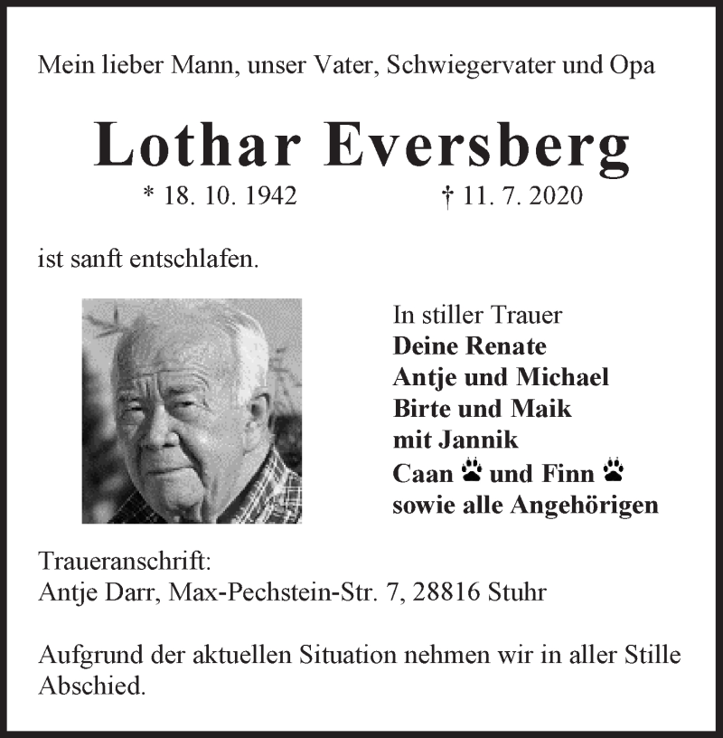 Traueranzeige von Lothar Eversberg von WESER-KURIER