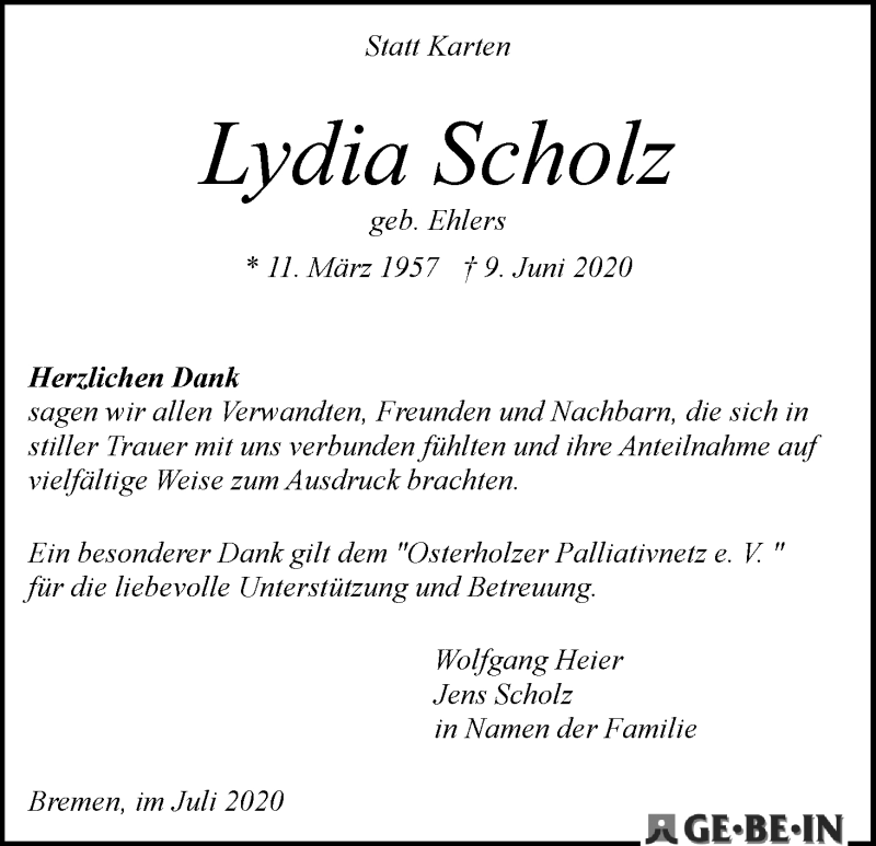 Traueranzeige von Lydia Scholz von Die Norddeutsche