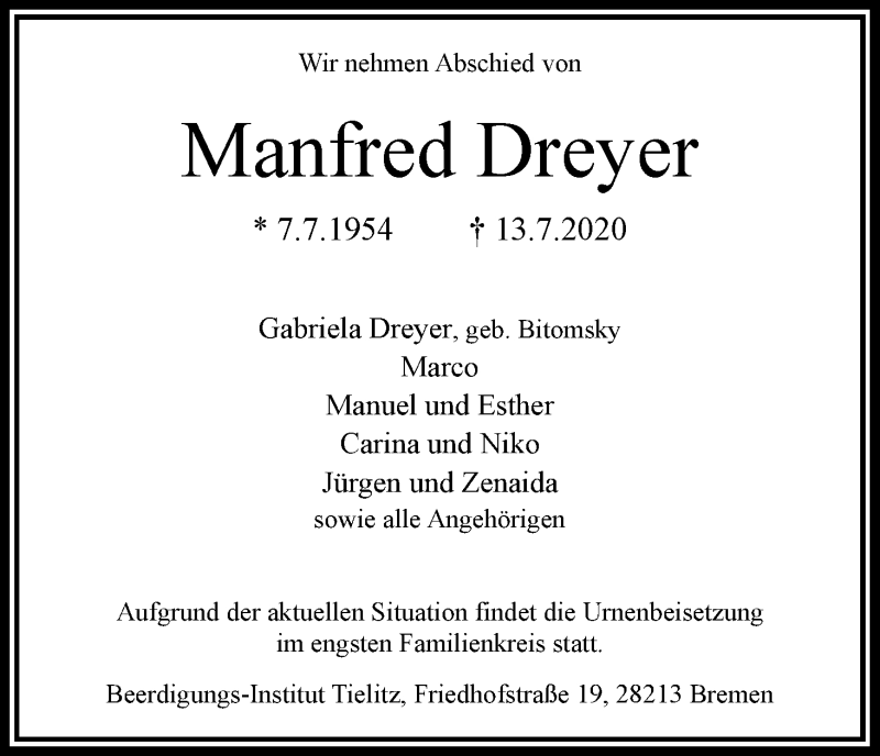Traueranzeige von Manfred Dreyer von WESER-KURIER