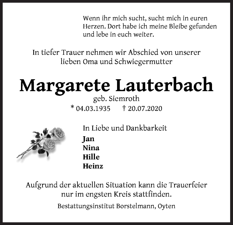 Traueranzeige von Margarete Lauterbach von Achimer Kurier/Verdener Nachrichten