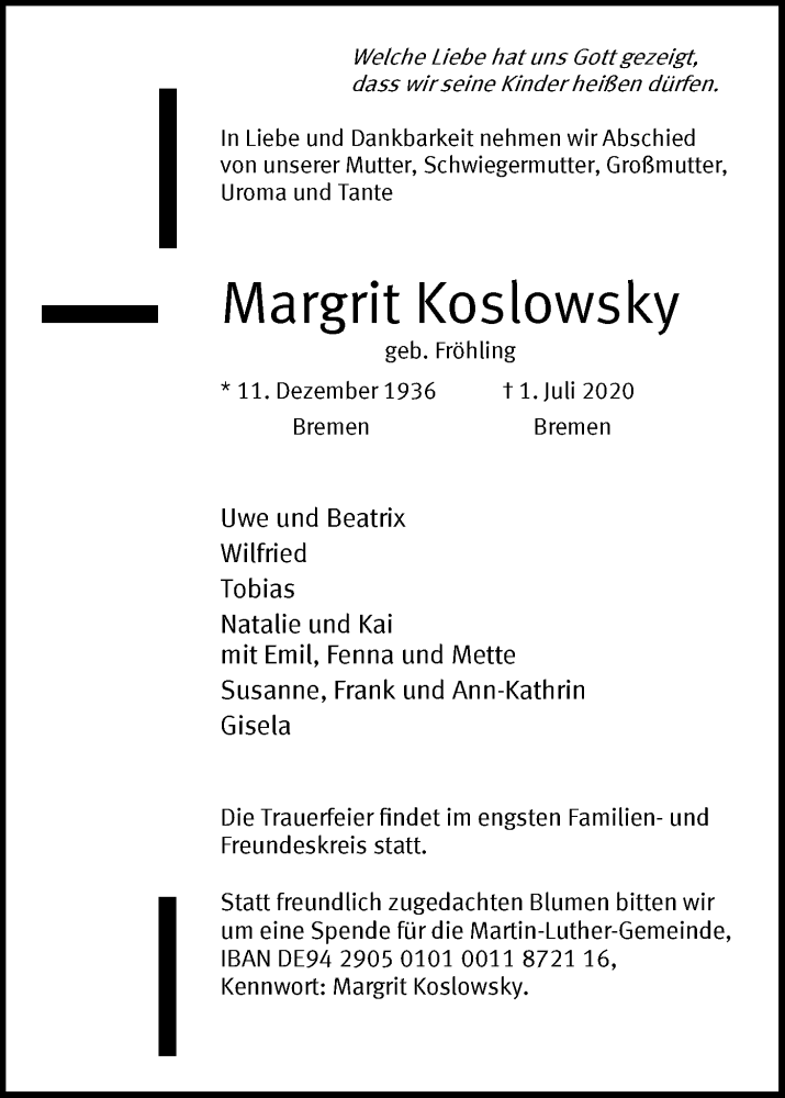 Traueranzeige von Margrit Koslowsky von WESER-KURIER