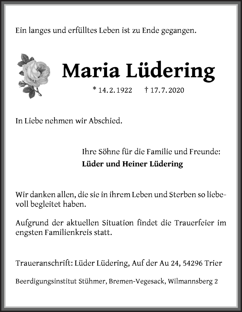Traueranzeige von Maria Lüdering von WESER-KURIER