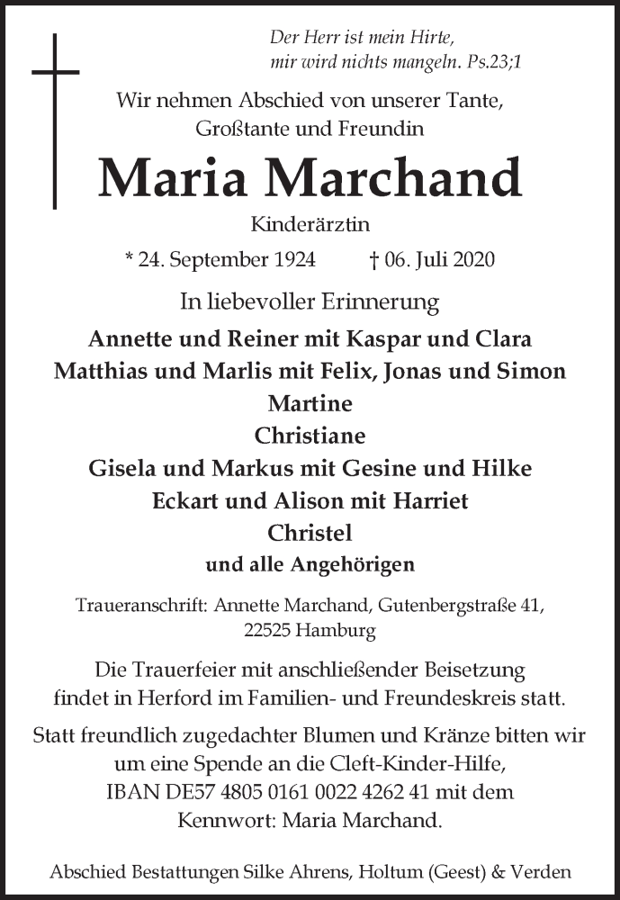 Traueranzeige von Maria Marchand von WESER-KURIER