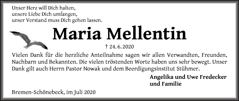 Traueranzeige von Maria Mellenthin von Die Norddeutsche