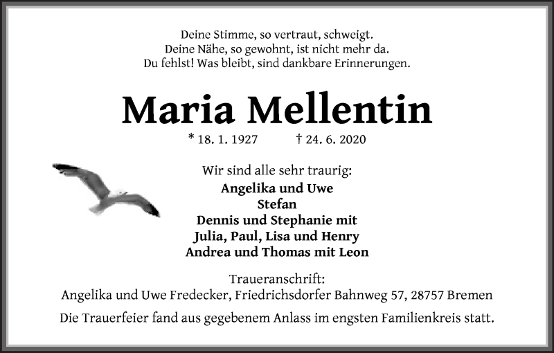 Traueranzeige von Maria Mellentin von Die Norddeutsche