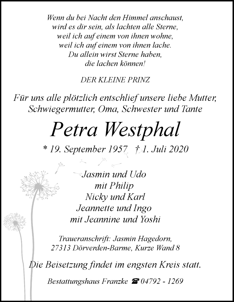 Traueranzeige von Petra Westphal von Die Norddeutsche