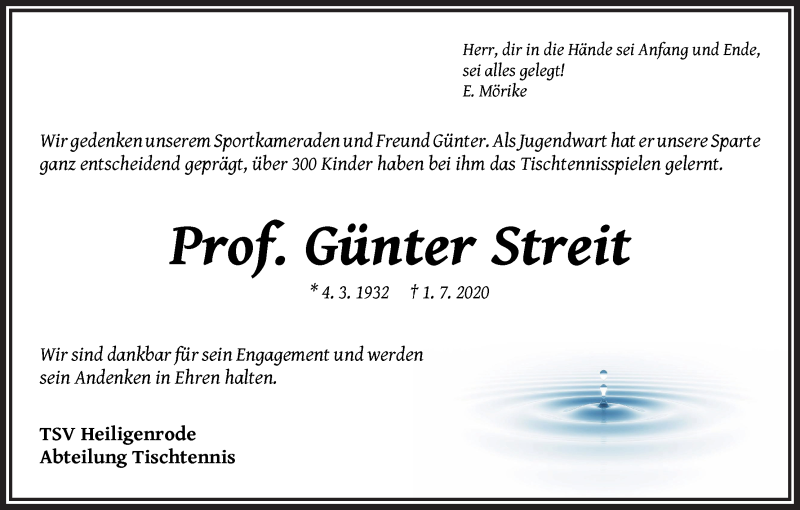 Traueranzeige von Prof. Günter Streit von Regionale Rundschau/Syker Kurier