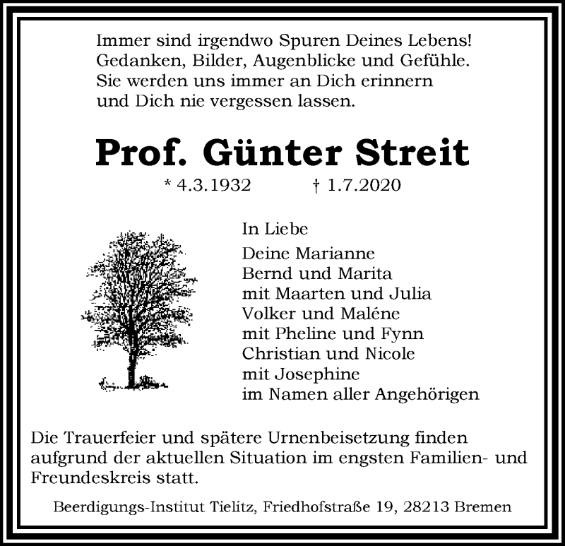 Traueranzeige von Prof. Günter Streit von WESER-KURIER