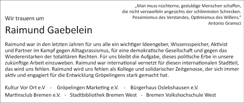 Traueranzeige von Raimund Gaebelein von WESER-KURIER