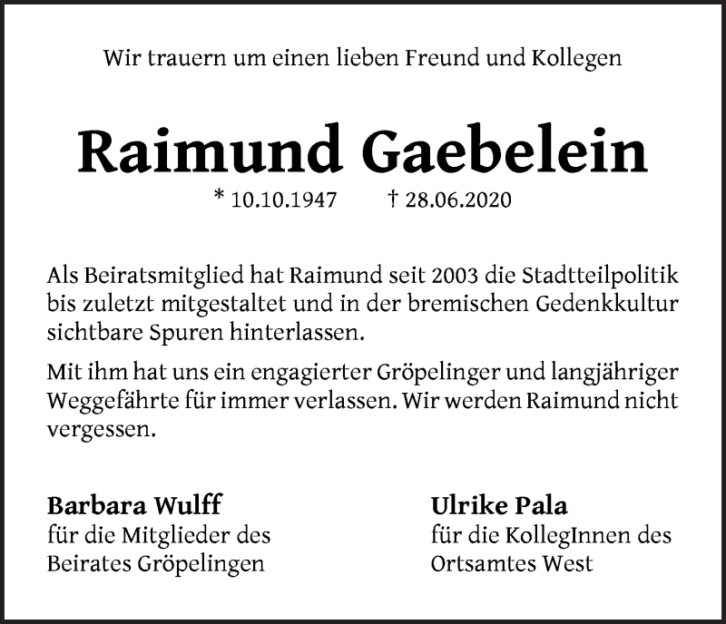 Traueranzeige von Raimund Gaebelein von WESER-KURIER