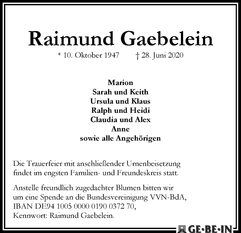 Traueranzeige von Raimund Gaebelein von WESER-KURIER