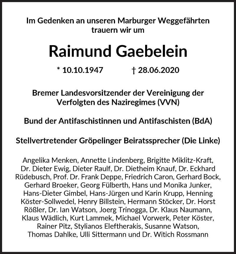 Traueranzeige von Raimund Gaebelein von WESER-KURIER