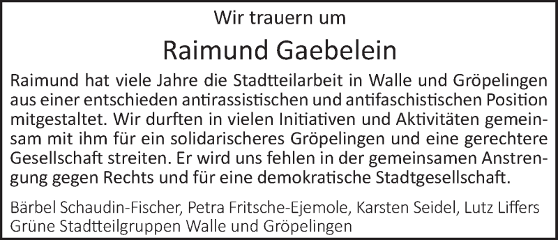 Traueranzeige von Raimund Gaebelein von WESER-KURIER