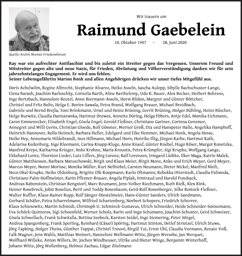 Traueranzeige von Raimund Gaebelein von WESER-KURIER
