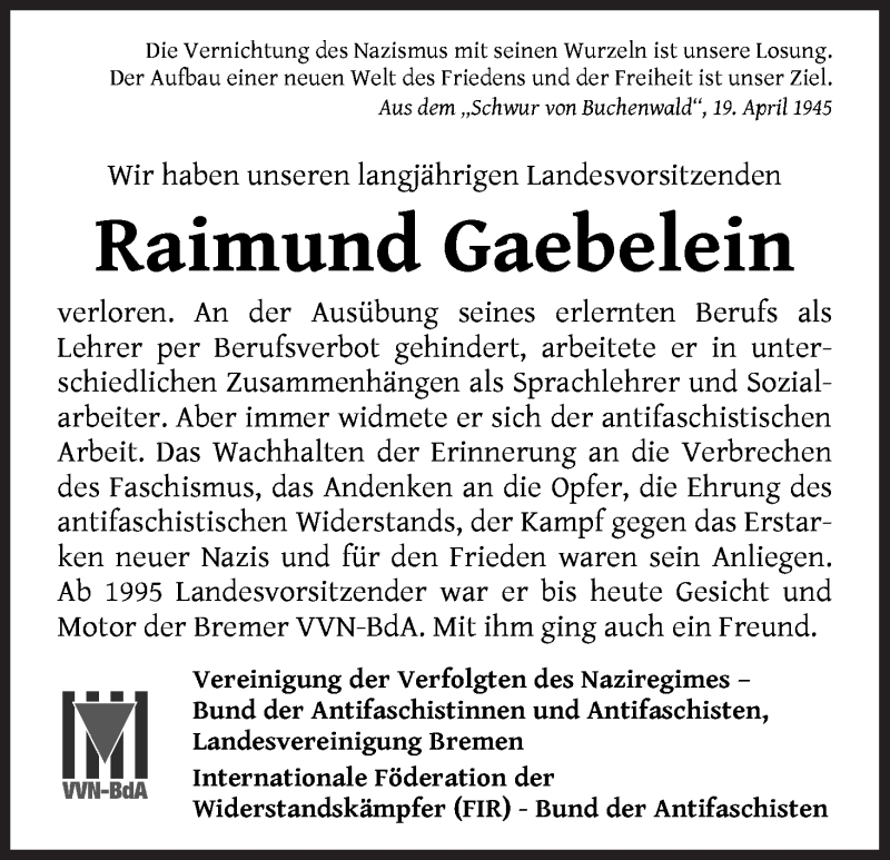 Traueranzeige von Raimund Gaebelein von WESER-KURIER