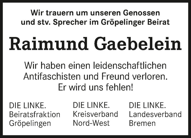 Traueranzeige von Raimund Gaebelein von WESER-KURIER