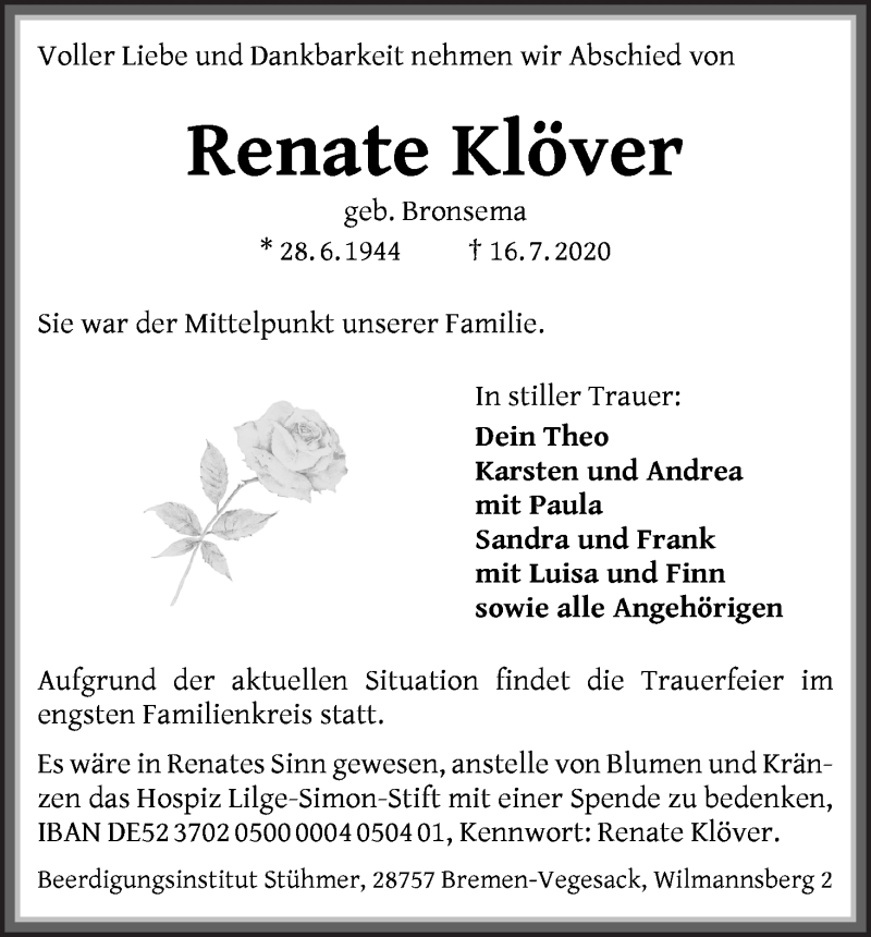 Traueranzeige von Renate Klöver von Die Norddeutsche