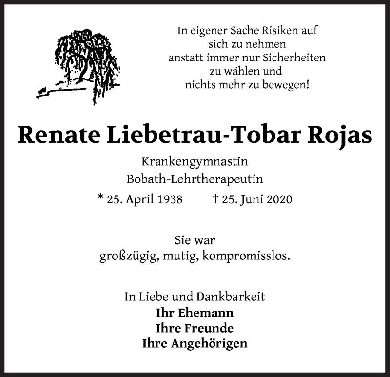 Traueranzeige von Renate Liebetrau-Tobar Rojas von WESER-KURIER