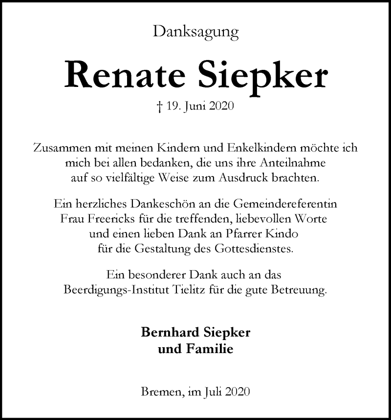 Traueranzeige von Renate Siepker von WESER-KURIER