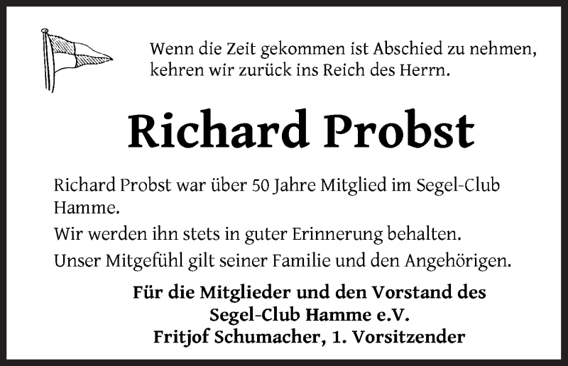 Traueranzeige von Richard Probst von Osterholzer Kreisblatt