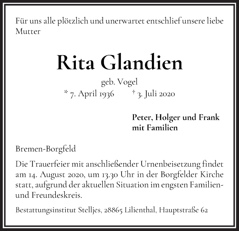 Traueranzeige von Rita Glandien von Wuemme Zeitung