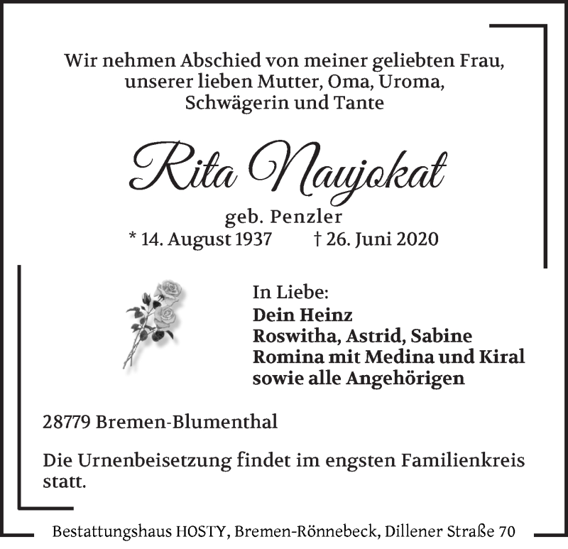 Traueranzeige von Rita Naujokat von Die Norddeutsche
