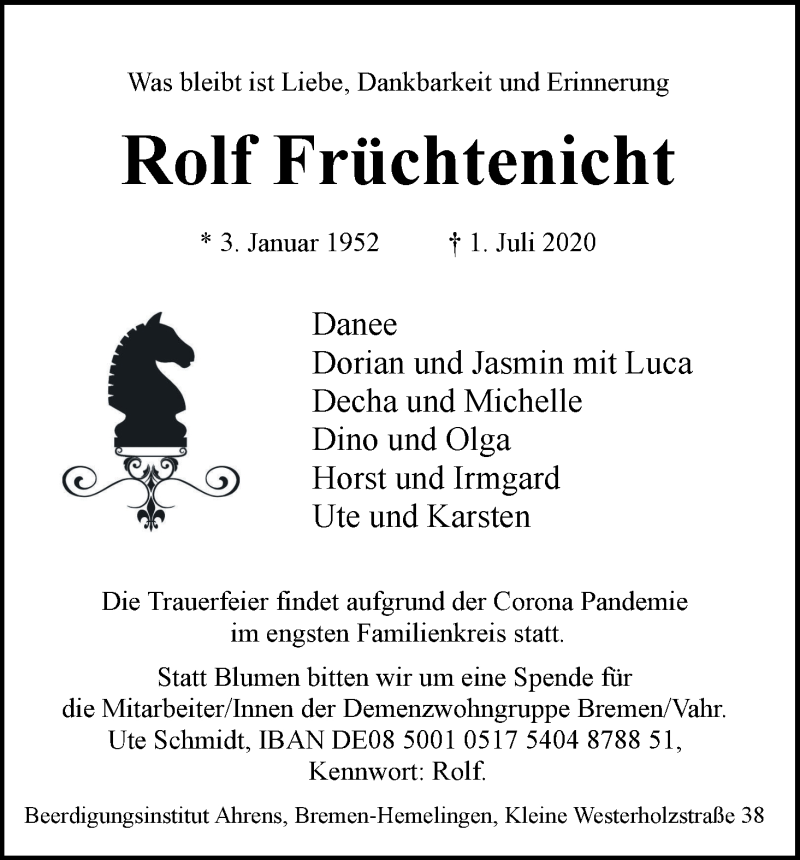 Traueranzeige von Rolf Früchtenicht von WESER-KURIER