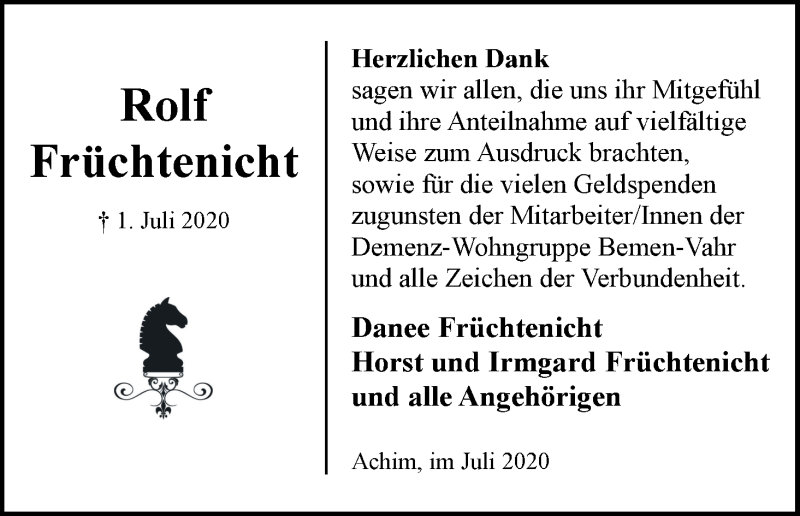 Traueranzeige von Rolf Früchtenicht von WESER-KURIER