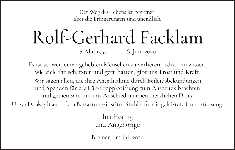 Traueranzeige von Rolf-Gerhard Fecklam von WESER-KURIER