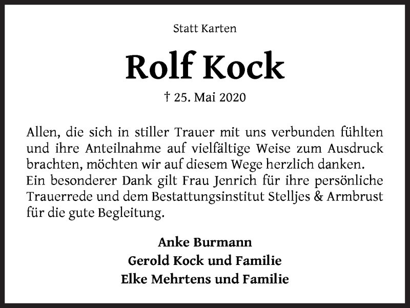 Traueranzeige von Rolf Kock von Osterholzer Kreisblatt