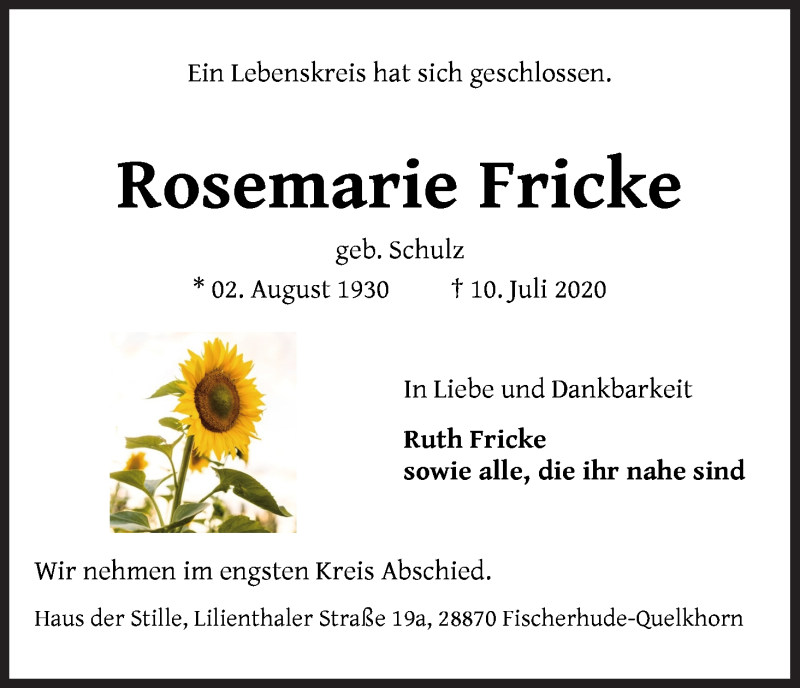 Traueranzeige von Rosemarie Fricke von WESER-KURIER