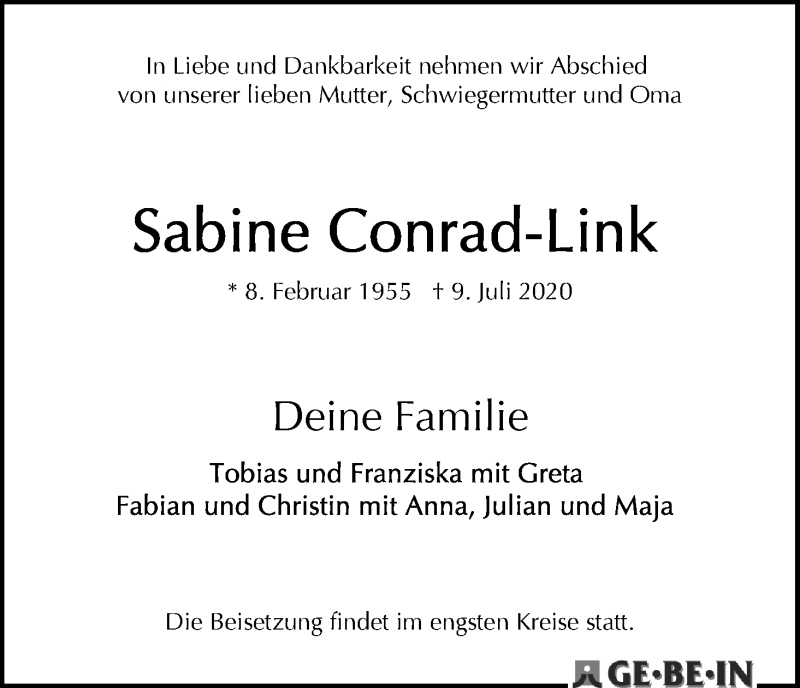 Traueranzeige von Sabine Link-Conrad von WESER-KURIER
