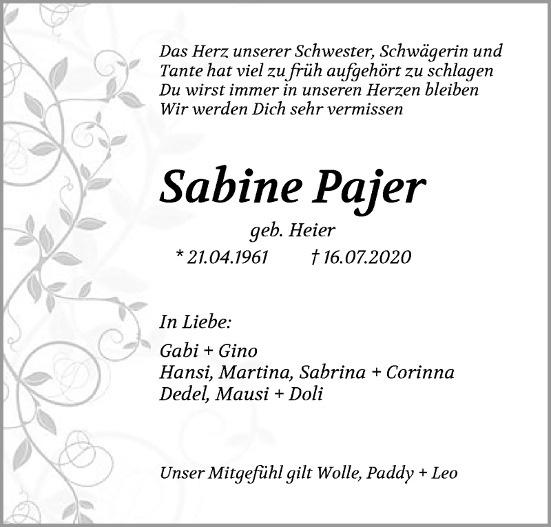 Traueranzeige von Sabine Pajer von WESER-KURIER