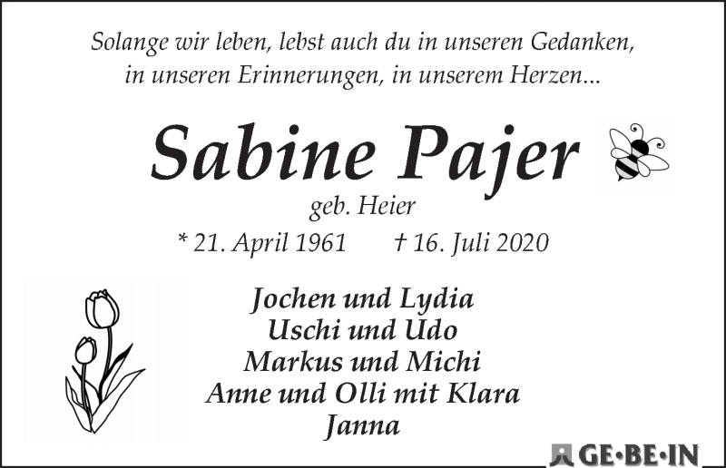 Traueranzeige von Sabine Pajer von WESER-KURIER