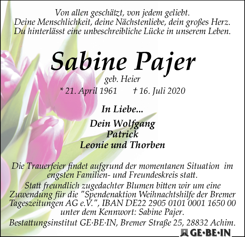Traueranzeige von Sabine Pajer von WESER-KURIER
