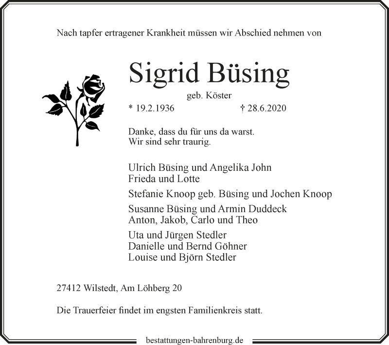 Traueranzeige von Sigrid Büsing von Wuemme Zeitung