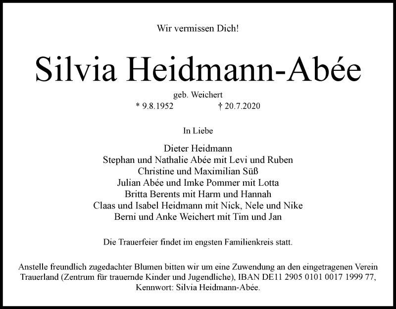 Traueranzeige von Silvia Heidmann-Abée von WESER-KURIER