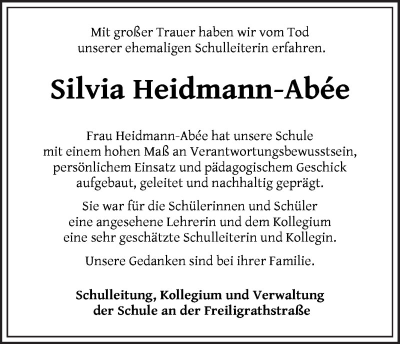Traueranzeige von Silvia Heidmann-Abée von WESER-KURIER