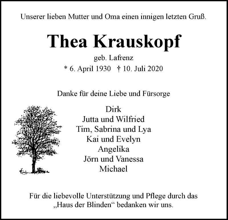Traueranzeige von Thea Krauskopf von WESER-KURIER