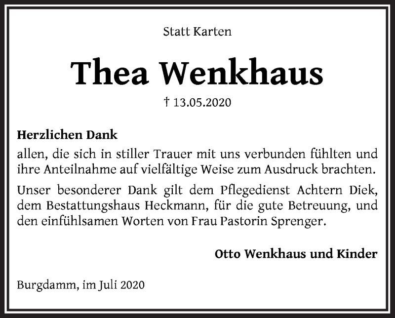 Traueranzeige von Thea Wenkhaus von Die Norddeutsche