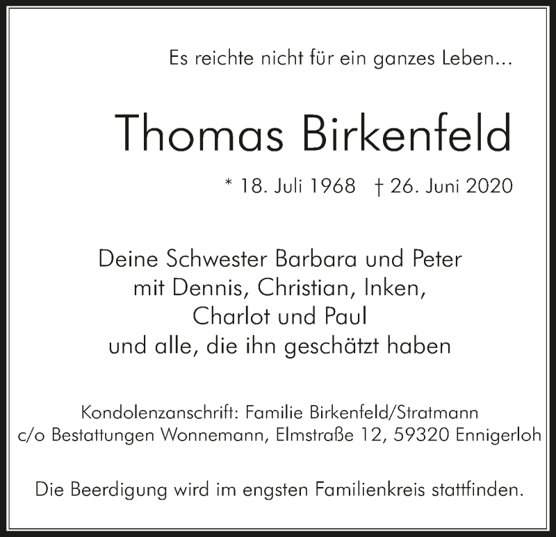 Traueranzeige von Thomas Birkenfeld von WESER-KURIER