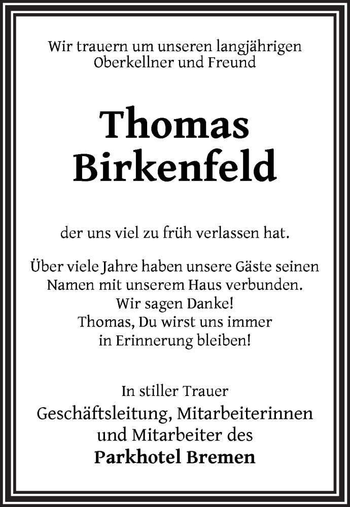 Traueranzeige von Thomas Birkenfeld von WESER-KURIER