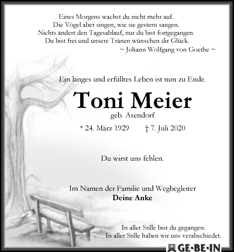 Traueranzeige von Toni Meier von WESER-KURIER