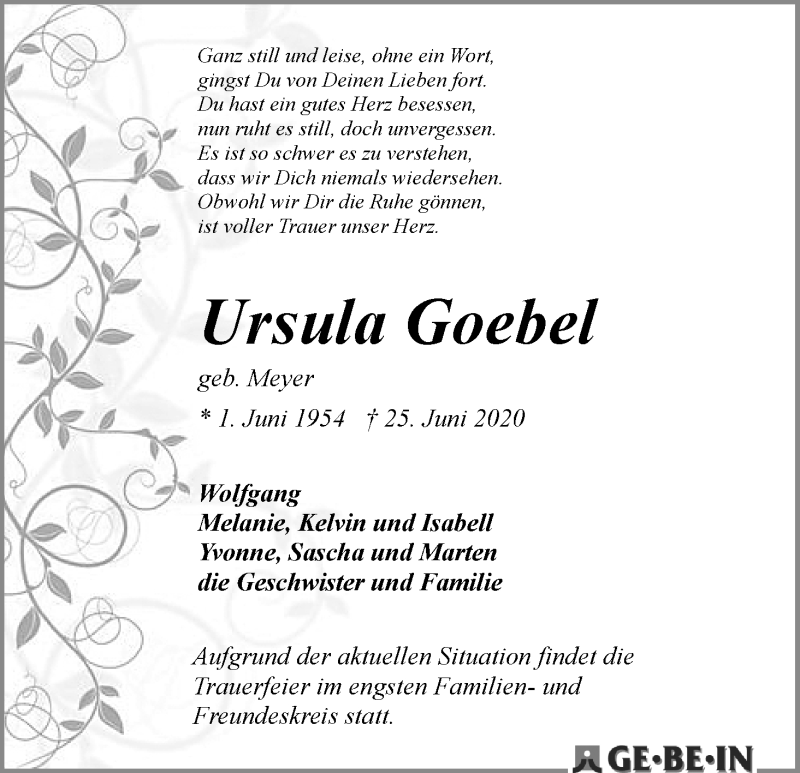 Traueranzeige von Ursula Goebel von WESER-KURIER