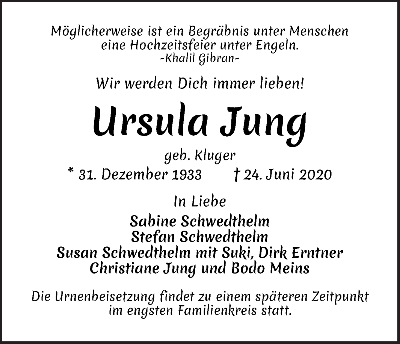 Traueranzeige von Ursula Jung von WESER-KURIER