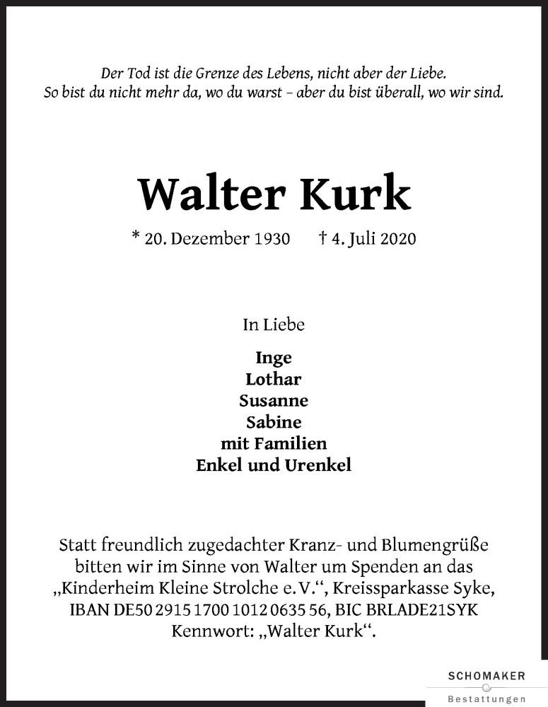 Traueranzeige von Walter Kurk von WESER-KURIER