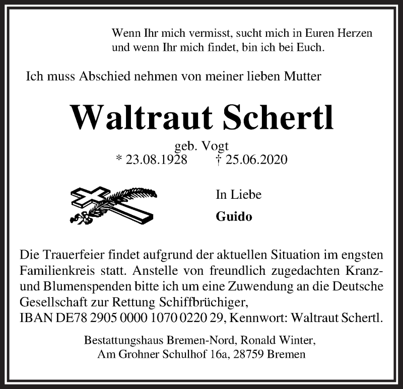 Traueranzeige von Waltraut Schertl von Die Norddeutsche