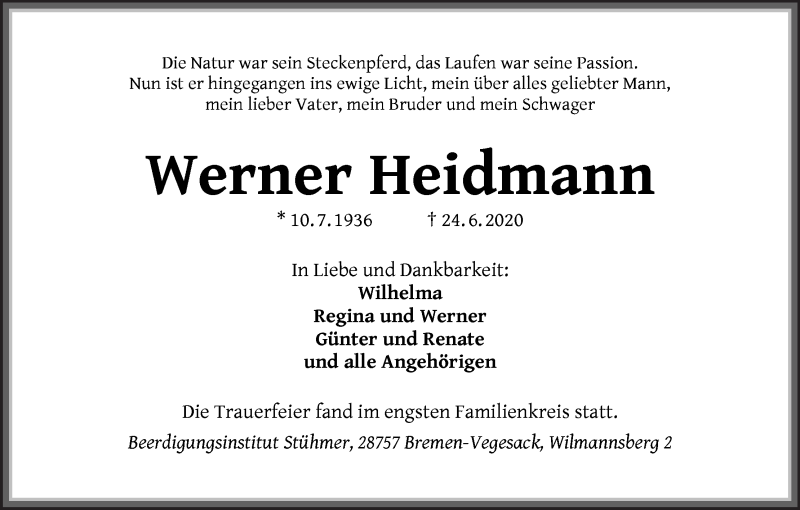 Traueranzeige von Werner Heidmann von Die Norddeutsche