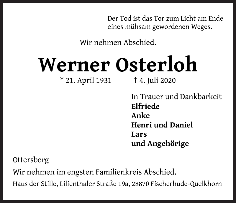 Traueranzeige von Werner Oserloh von WESER-KURIER