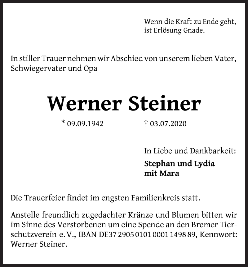 Traueranzeige von Werner Steiner von Die Norddeutsche